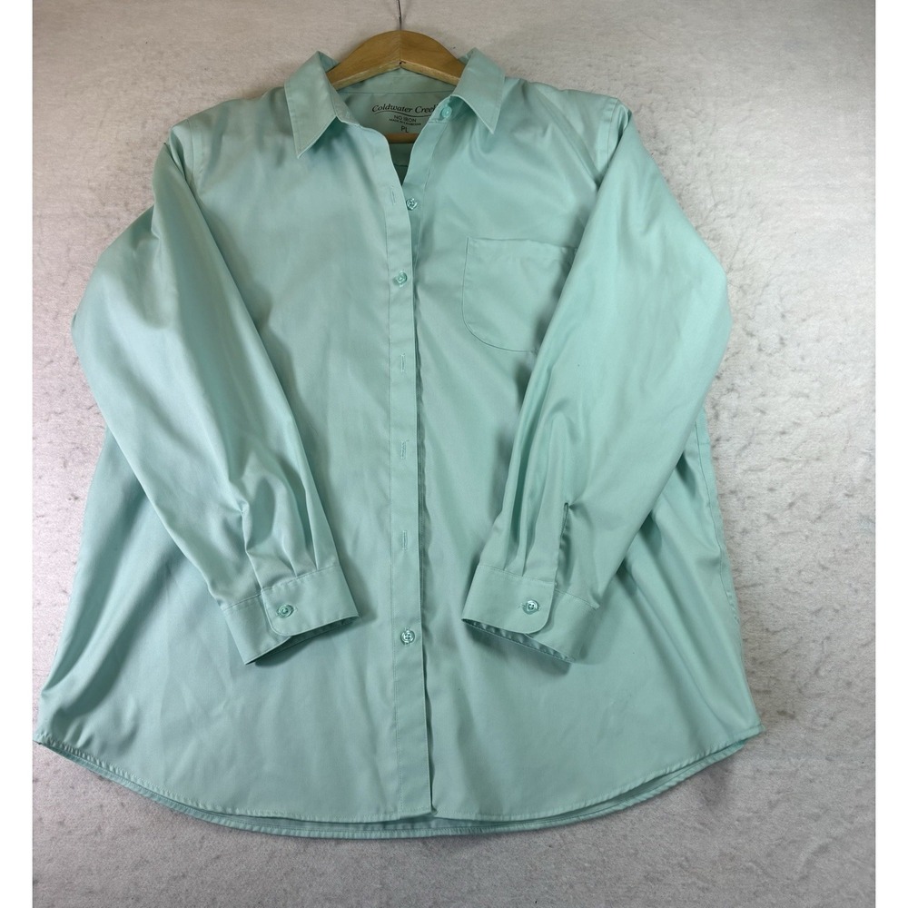 Coldwater Creek Women's PL Green No-Iron Long Sleeve Button Front Shirt Cotton